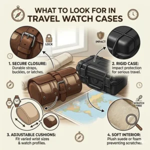 An informative infographic detailing what to look for when choosing the best watch travel cases and rolls for your collection.