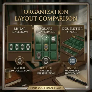 A layout guide showing different grid and organization configurations for the best watch display boxes for collectors.