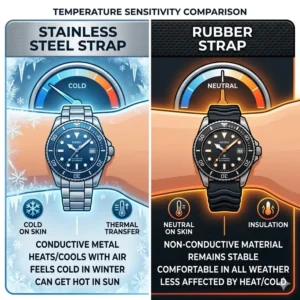 Thermal transfer and temperature reaction graphic in a stainless steel vs rubber straps comparison for weather comfort.