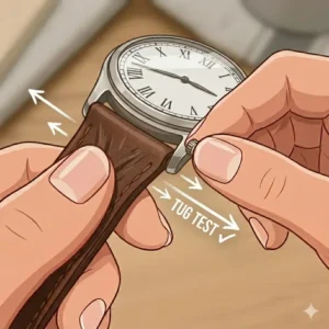 Performing a final tug test to ensure you successfully mastered how to change watch strap without tools.