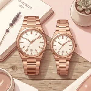Trendy rose gold matching watches for couples styled against a soft aesthetic background.