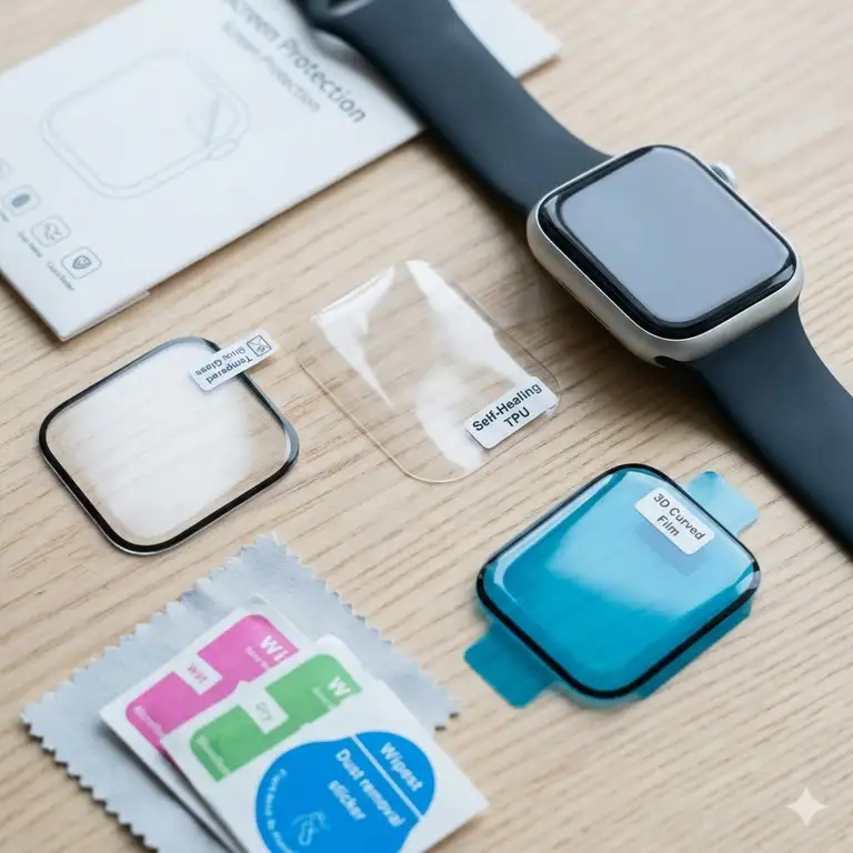 A selection of premium tempered glass and TPU smartwatch screen protectors worth buying displayed next to a modern smartwatch.