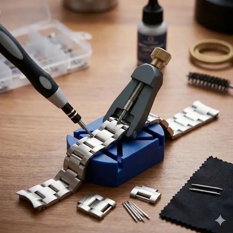 A professional collection of the best tools for resizing watch bracelets arranged on a wooden workbench.