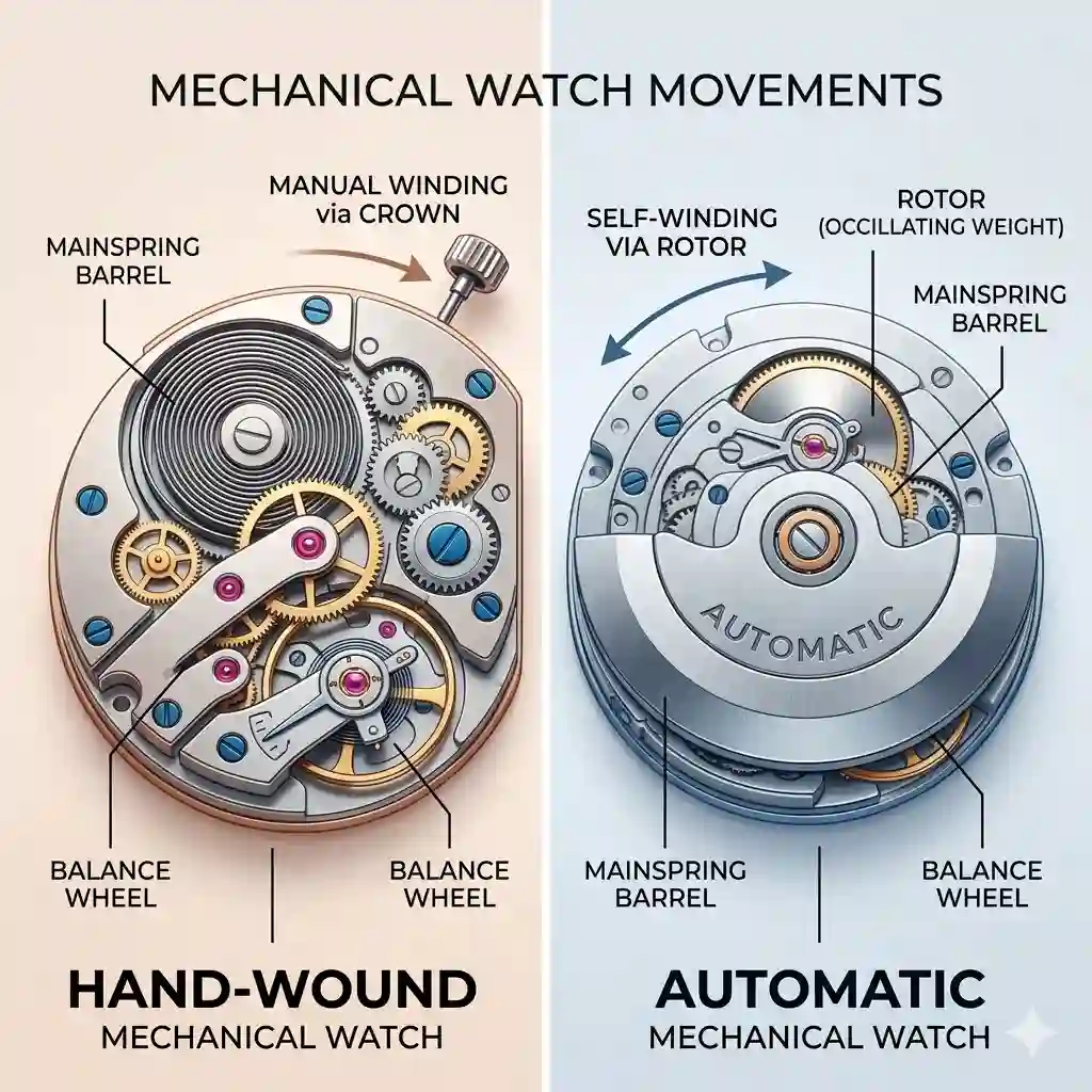 Infographic showing the key difference between automatic and hand-wound watches.