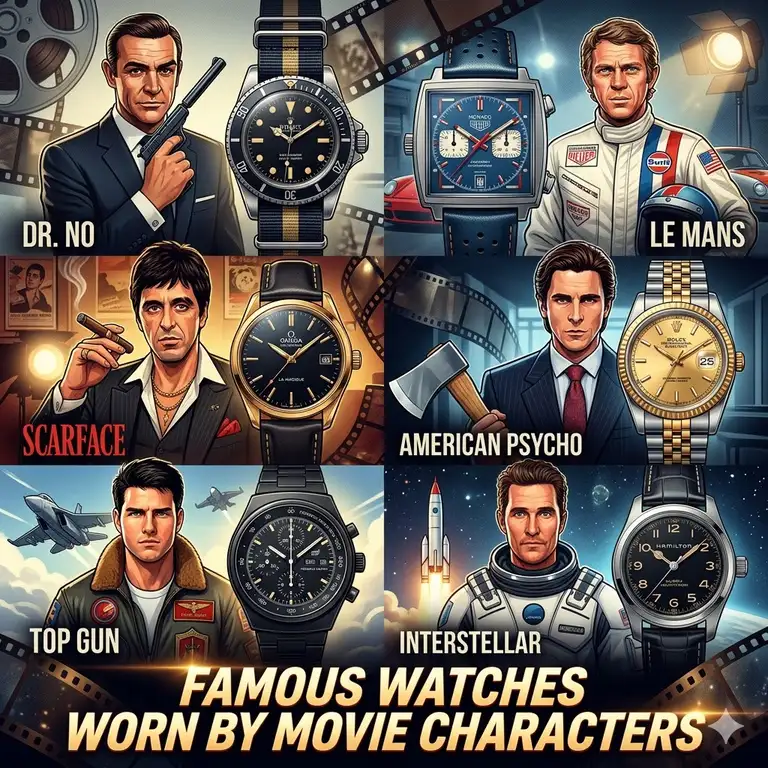 A curated collage showcasing famous watches worn by movie characters, featuring iconic luxury timepieces seen on classic and modern film protagonists.