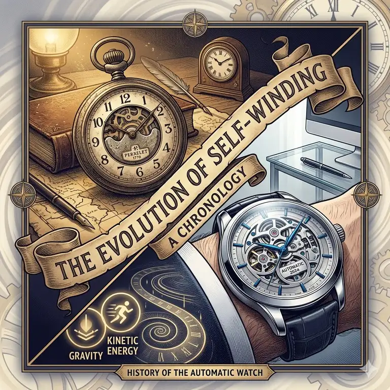 A visual timeline showcasing the history of the automatic watch from early pocket watch movements to modern self-winding luxury timepieces.
