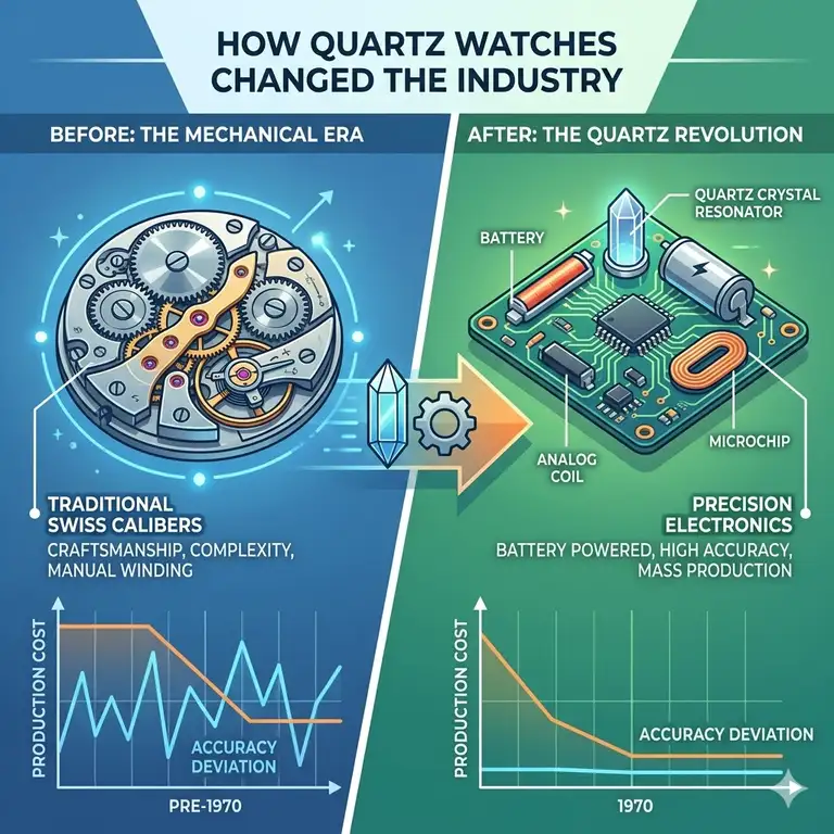 A side-by-side comparison of a vintage mechanical watch movement and a modern quartz watch circuit, illustrating how quartz watches changed the industry.