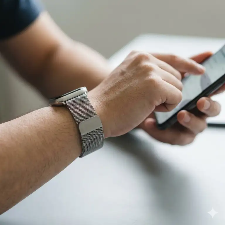 A person wearing a stylish strap while wondering if magnetic watch bands safe or not for their high-end smartphone.