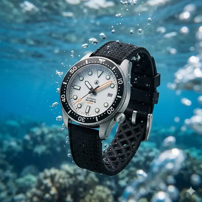 A premium dive watch with the best rubber straps for dive watches on a water-themed background.