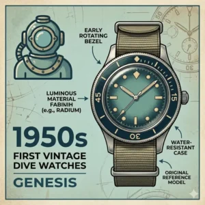 A detailed schematic of a 1950s Blancpain Fifty Fathoms illustrating the first vintage models in the evolution of dive watches over the decades.
