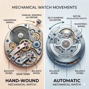 Close-up of an automatic watch movement rotor illustrating the difference between automatic and hand-wound watches.