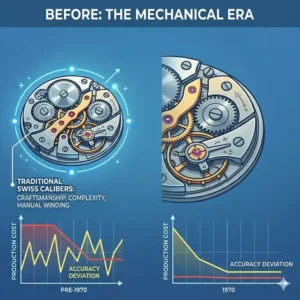 An infographic detailing the internal components of a quartz timepiece, showing how a battery sends electricity through a quartz crystal to create precise oscillations.