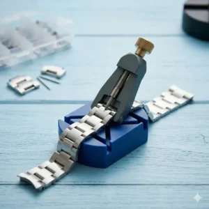 A metal link remover stand, one of the best tools for resizing watch bracelets with push pins.