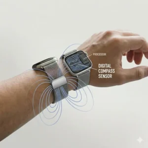 A scientific illustration showing magnetic field lines to explain if magnetic watch bands safe or not for internal digital compasses.