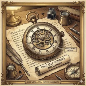 An 18th-century design illustration detailing the earliest self-winding pocket watch mechanism in the history of the automatic watch.