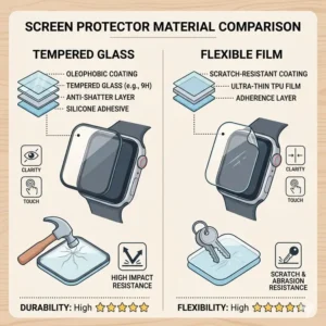 Comparison chart showing different types of smartwatch screen protectors worth buying, highlighting tempered glass and film options.