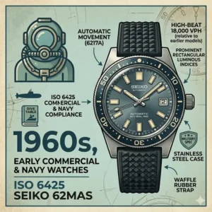 A 1960s Seiko 62MAS automatic watch technical illustration highlighting early Japanese engineering in the evolution of dive watches over the decades.