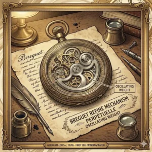Detailed illustration of a Breguet perpetuelle pocket watch movement, a major milestone in the history of the automatic watch.