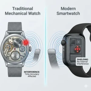 A visual comparison between mechanical and smartwatches to show whether magnetic watch bands safe or not for different timepieces.