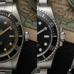 Close-up of the iconic Mercedes hands and crown guards that defined the history of rolex submariner design