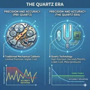 A historical timeline graph depicting the quartz crisis of the 1970s and how affordable quartz technology disrupted traditional Swiss watchmaking.