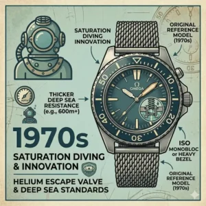 An illustrated cross-section of a 1970s saturation diving watch showing the helium escape valve innovation in the evolution of dive watches over the decades.