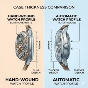 Case profile view comparing the difference between automatic and hand-wound watches