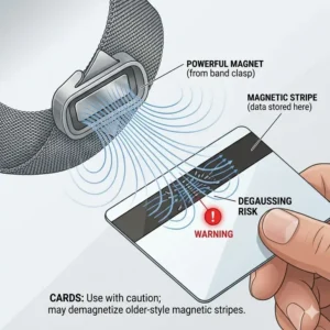 An close-up image showing a credit card near a strap to demonstrate if magnetic watch bands safe or not for magnetic stripes.