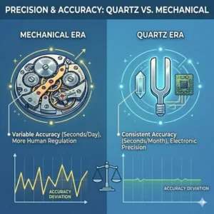 A chart comparing the monthly time deviation of a mechanical movement versus the high precision of a quartz watch crystal.