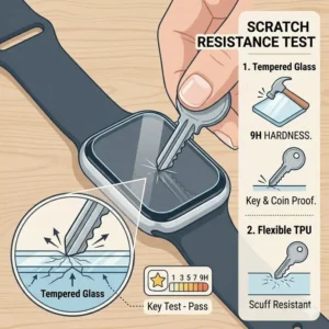 A durability test showing a key scratching smartwatch screen protectors worth buying to verify their scratch resistance.