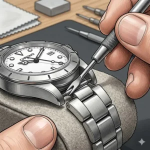 Using a specialized spring bar tool, essential in the category of best tools for resizing watch bracelets and straps.
