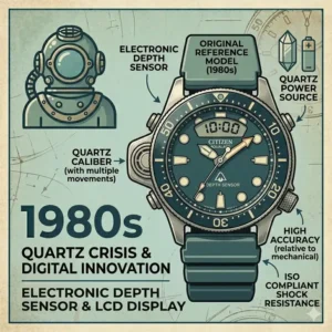 A technical illustration of a 1980s Citizen Aqualand quartz watch showing the ana-digi display and depth sensor evolution of dive watches over the decades.