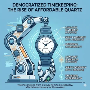 An illustration of a 1980s assembly line producing affordable consumer wristwatches, demonstrating how quartz watches changed the industry by democratizing timekeeping.