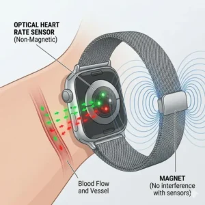 A diagram of a smartwatch heart rate sensor proving that magnetic watch bands safe or not a threat to health tracking accuracy.