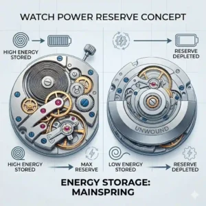 Visual diagram of a mainspring power reserve explaining the difference between automatic and hand-wound watches.