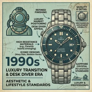 An illustration of a 1990s Omega Seamaster Professional 300M showing the transition to luxury lifestyle in the evolution of dive watches over the decades.