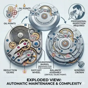 Complex gear structure in an automatic movement detailing the difference between automatic and hand-wound watches.
