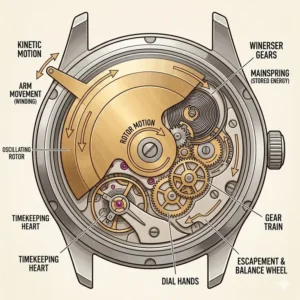 An educational explanatory diagram showing how kinetic motion powers the gears and mainspring throughout the history of the automatic watch.