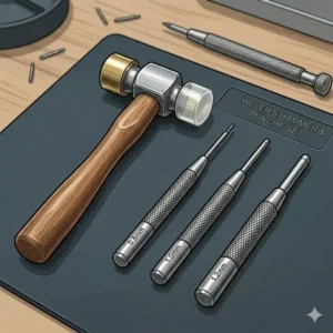 A jeweler’s hammer and pin punch set, known as the best tools for resizing watch bracelets manually.