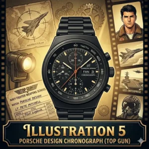 Tom Cruise as Maverick in Top Gun wearing the vintage black-coated Porsche Design Orfina military chronograph watch, a standout example of famous watches worn by movie characters.