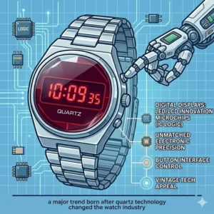 A retro illustration of a classic 1980s digital LCD wristwatch, a major trend born after quartz technology changed the watch industry.