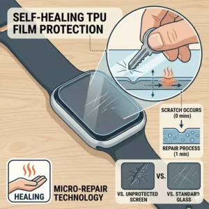 Illustration of self-healing TPU smartwatch screen protectors worth buying, showing minor scratches disappearing automatically.