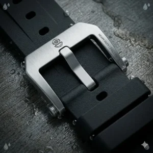 Close-up of a heavy-duty stainless steel buckle on the best rubber straps for dive watches.