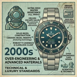 A technical diagram of a 2000s Rolex Deepsea focusing on advanced materials like ceramic and titanium in the evolution of dive watches over the decades.