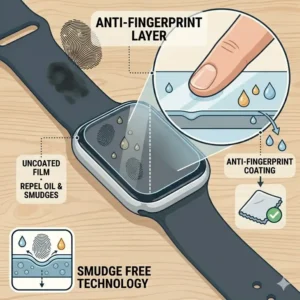 Close-up of an oleophobic coated surface on smartwatch screen protectors worth buying, resisting fingerprints and smudges.