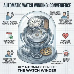 An automatic watch on a winder illustrating a key difference between automatic and hand-wound watches.