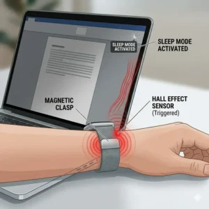 An illustration of a laptop entering sleep mode to show how magnetic watch bands safe or not around Hall effect sensors.