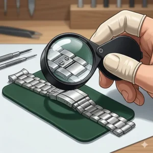 Close-up of a magnifying loupe used to inspect the best tools for resizing watch bracelets during delicate work.