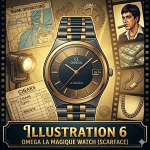 The ultra-thin gold Omega La Magique luxury watch worn by character Tony Montana in the classic crime movie Scarface.