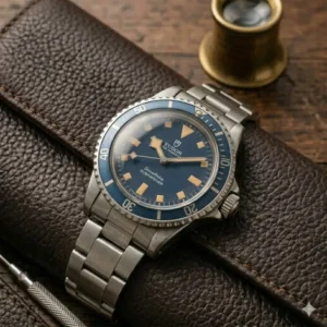 Tudor Submariner Snowflake with blue dial, a rare find among top vintage watch models to collect.